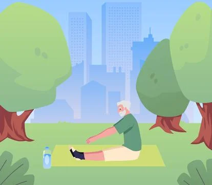 Vector graphics of a sporty elderly man who plays sports in a park among trees Stockillustratie