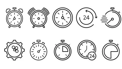 Vector graphics. Time and clock icons set, Time management. Stock Illustration