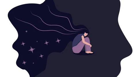Vector graphics. Unhappy, sad, sad young girl hugs her knees with developing Stock Illustration