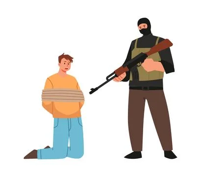 Vector graphics which depicts a man in a balaclava threatening a bound prisoner Stock Illustration
