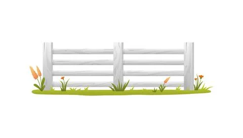 Vector graphics of a wooden white-painted fence surrounded by flowers and green Illustrazione stock
