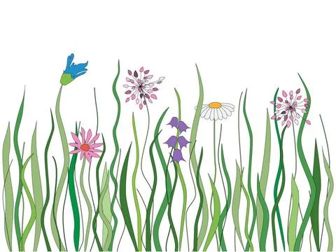 Vector grass with flowers Vector grass with different flowers outlined on ... Foto stock