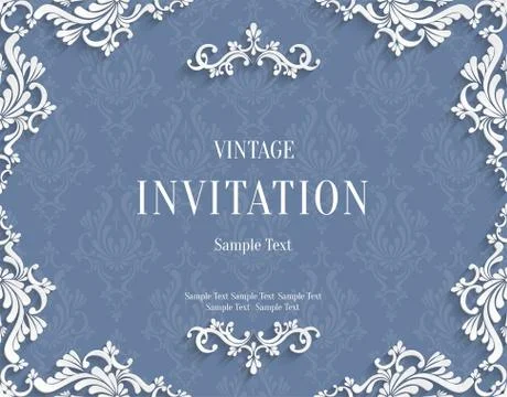Vector Gray 3d Vintage Invitation Card with Floral Damask Pattern Stock Illustration