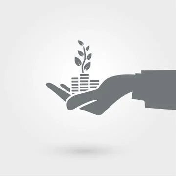 Vector gray illustration of human hand holding stacks of coins and growth plant. Stock Illustration