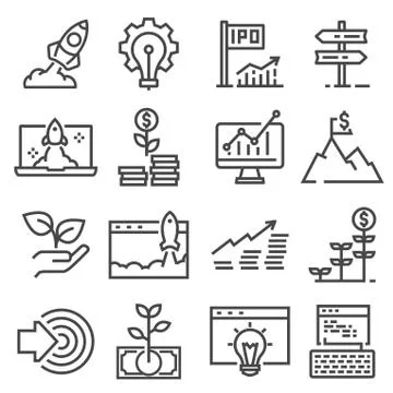 Vector gray linear startup icons set. Startup basic UI elements set イラスト素材