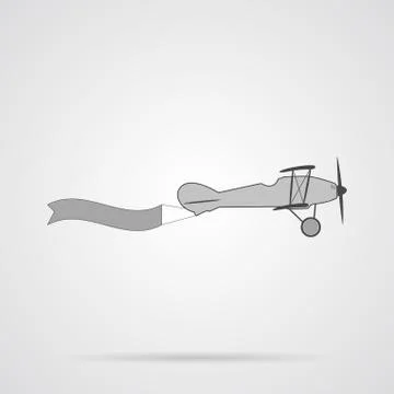 Vector Gray Retro Plane with Banner Flat Icon Stock Illustration