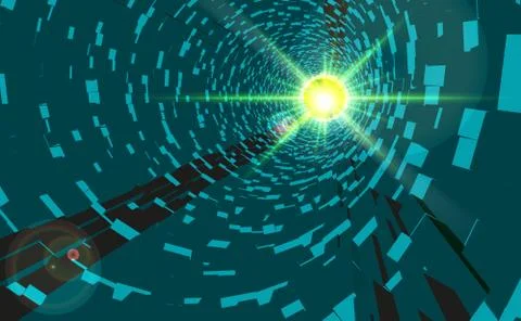 Vector Green Abstract Technology Tunnel with Light at the End. 3D tunnel grid Stock Illustration