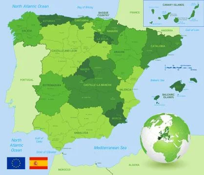 Vector Green Administrative Map of Spain Stock Illustration