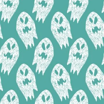 Vector green and white cute sketch of rows of cartoon ghosts seamless pattern Stock Illustration