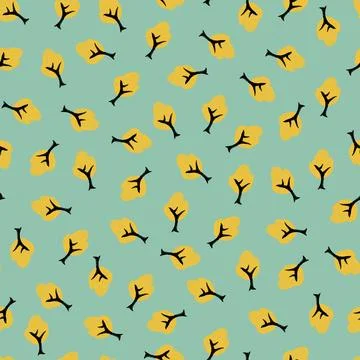 Vector green and yellow cute trees pen sketch scattered polka dot seamless pa Stock Illustration