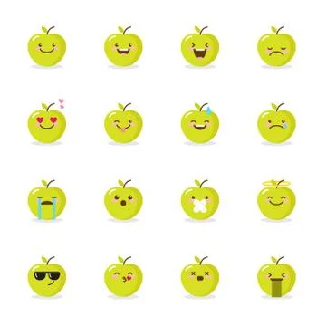 Vector green apple emoji set. Funny emoticons. Stock Illustration