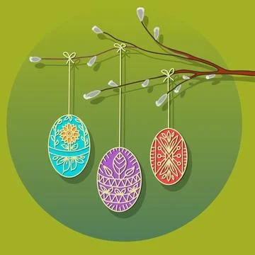 Vector green background with willow branch and easter eggs for postcard, decor Stock Illustration