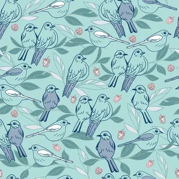 Vector green birds leaf berries seamless background pattern. Stock Illustration