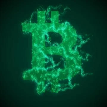 Vector green Bitcoin symbol constructed with flowing binary numbers. Bitcoin, Illustrazione stock