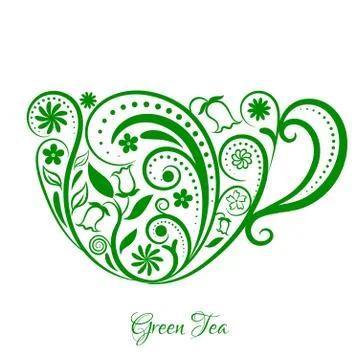 Vector Green Cup of Tea With Floral Design Elements. Stock Illustration
