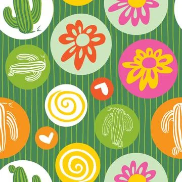 Vector green cute cactus and daisy flowers seamless repeat pattern with cir.. Stock Illustration