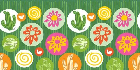 Vector green cute cactus and daisy flowers horizontal border pattern with 스톡 일러스트