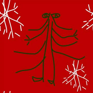 Vector. Green fir trees, white snowflakes on a red background in doodle style. Stock Illustration