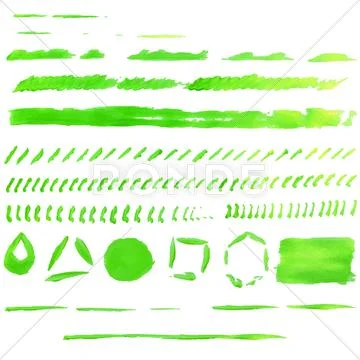 Vector Green Glittering Paint Smear Stroke Stain Set. Abstract Green Glittering
