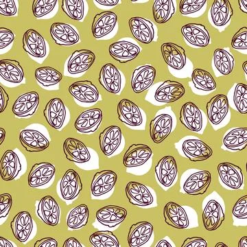 Vector green half lemon slice doodle citrus fruits segments seamless patter.. Stock Illustration