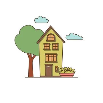 Vector Green house with mailbox icon. Vector house with big green tree next to Stockillustratie