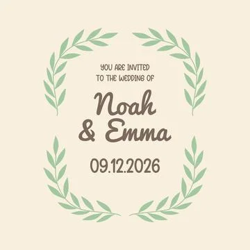 Vector Green Laurel Wreath Wedding Invitation Template with Names and Date Stock Illustration