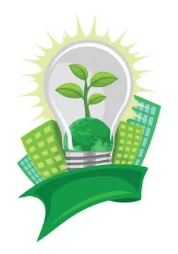 Vector of green leaf and earth in lightbulb, in front of buildings. Ilustración de archivo