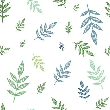 Vector green leaves of different sizes, seamless pattern with bright twigs,.. Stock Illustration