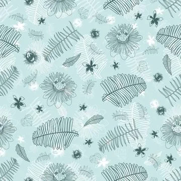 Vector green mint monochrome scattered jungle ferns and passion flower outlin Stock Illustration