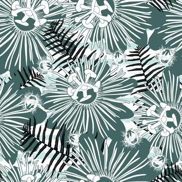 Vector green mint passion flower and ostrich fern seamless repeat pattern. Su Stock Illustration