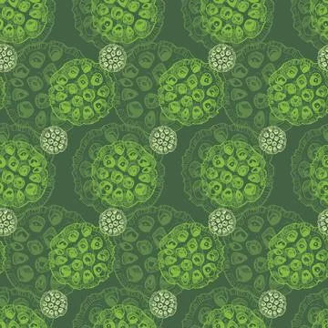 Vector green monochrome background seamless pattern with hand drawn lotus s.. Stock Illustration