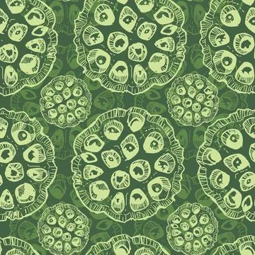 Vector green monochrome background seamless pattern with hand drawn lotus s.. Stock Illustration