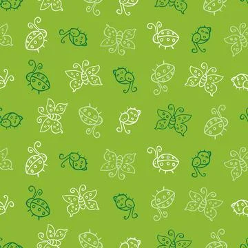 Vector green monochrome bugs and butterfly doodle repeat pattern. Suitable fo Stock Illustration