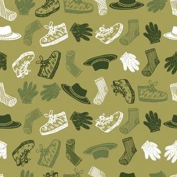 Vector green monochrome pattern with trekking shoes, socks, hat and gloves. S Stock Illustration