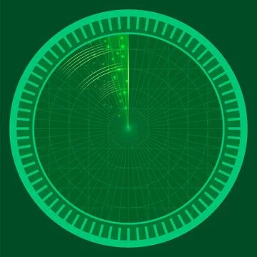 Vector green radar screen. Display panel. Navy scanner. Military detect monit Stock Illustration