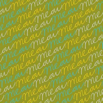 Vector green repeating cat meow horizontal scribble words seamless pattern. P Stock Illustration