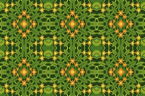 Vector green seamless pattern with orange flowers Stock Illustration