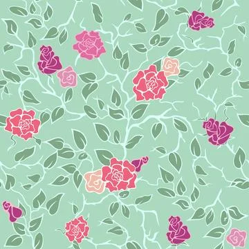 Vector green seamless pattern with pink roses and branches Illustrazione stock