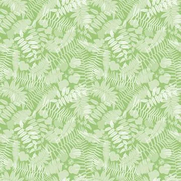 Vector green seamless pattern with transparent ferns, leaves and wild flower. Stock Illustration