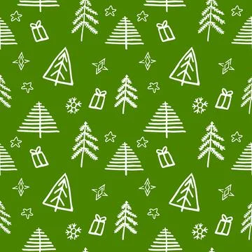 Vector green seamless pattern of white christmas tree and christmas gift box 库存插图