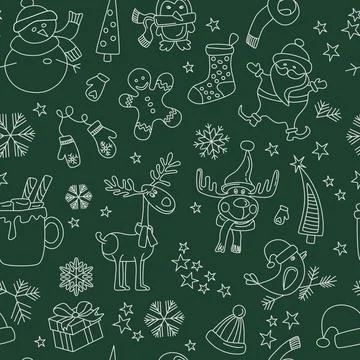 Vector green seamless pattern with winter holiday elements Stock Illustration