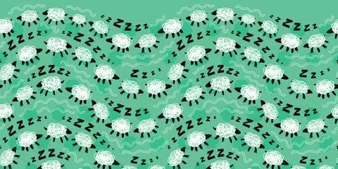 Vector green sheep zzz counting wavy stripes cute doodles horizontal border.. Stock Illustration