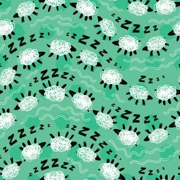 Vector green sheep zzz counting wavy stripes cute doodles seamless pattern... 스톡 일러스트
