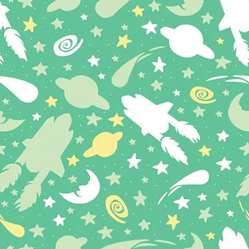 Vector green sillouette space shuttle with stars, moon and comet repeat patte Stock Illustration