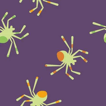 Vector Green Spiders with Orange on Purple seamless pattern background. Perfect Stock Illustration