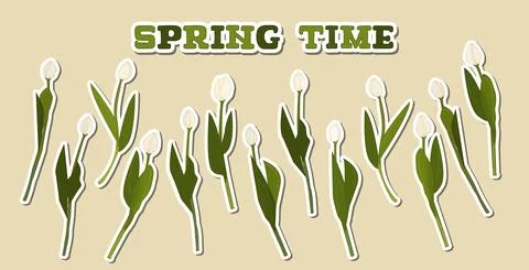 Vector green Spring Time lettering text. Set of Isolated separated white outl Stock Illustration