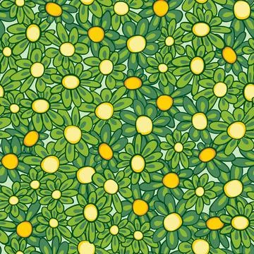 Vector green tightly arranged fun daisy flowers repeat pattern with yellow po Illustrazione stock
