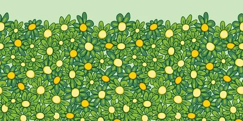 Vector green tightly arranged fun daisy flowers horizontal border pattern w.. Illustrazione stock