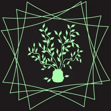 Vector green tree branches in a vase and frame on black background. Stock Illustration