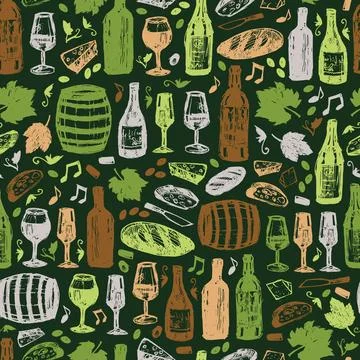 Vector green wine bar pen sketch doodle seamless background pattern with brea Stock Illustration